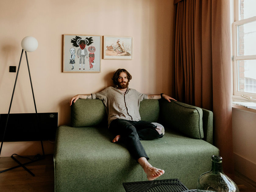 Women on green sofa